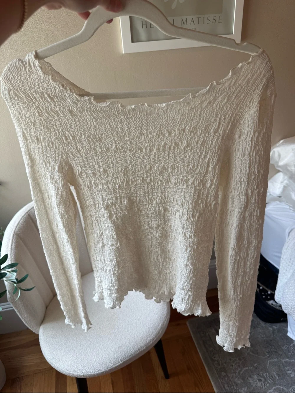 Anthropologie Sheer Cream Crinkled Long Sleeve Top